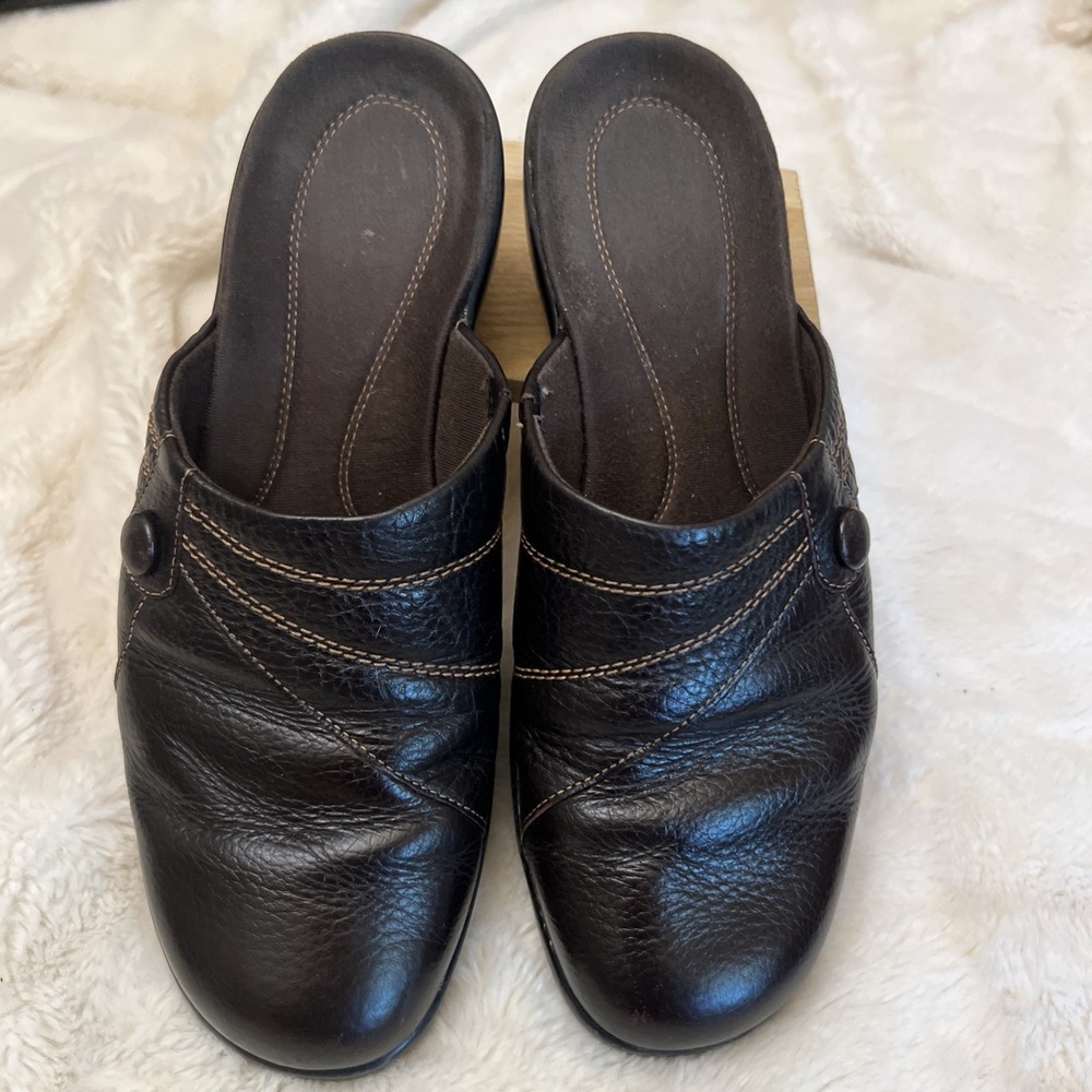 Clarks Brown Pebble Leather 9.5 M Slip On Mule Heel Wedge Brown Clog Shoes